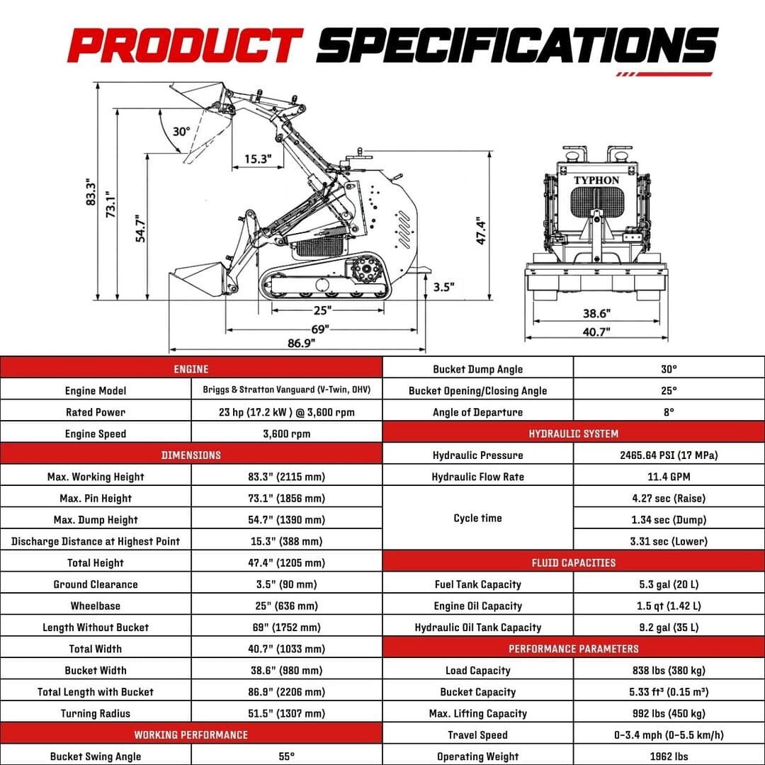 Top Compact & Mini Excavator Diggers- TYPHON Machinery TYPHON STOMP 501 PRO Compact Skid Steer Loader with 23 HP at 3600 RPM Briggs & Stratton EPA-Certified Engine & 992 lb Maximum Lifting Force - Image 2