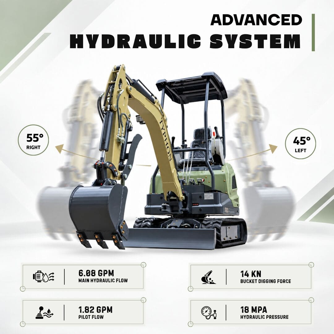 Top Compact & Mini Excavator Diggers- TYPHON Machinery TYPHON TERROR XVII PRO 3800 lb Mini Excavator, EPA Certified Kubota D902 Diesel Power with Integrated Hydraulic Oil Cooler & Swing Boom - Image 5