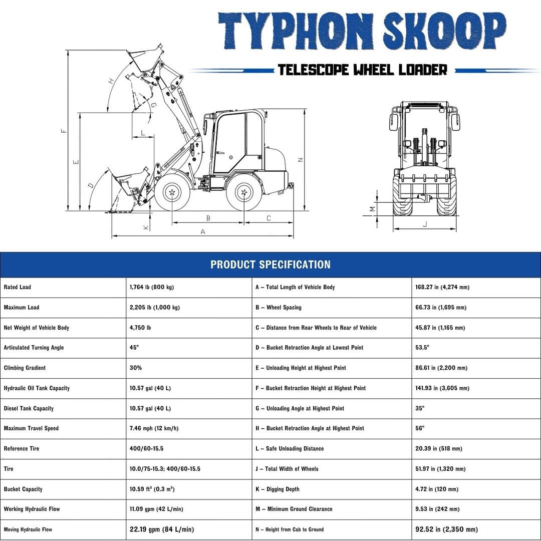Top Compact & Mini Excavator Diggers- TYPHON Machinery TYPHON Telescopic SKOOP Wheel Loader Cabin Version Kubota D1105 Diesel Engine 1 Ton Max Load Capacity AC & Heater Cabin - Image 2