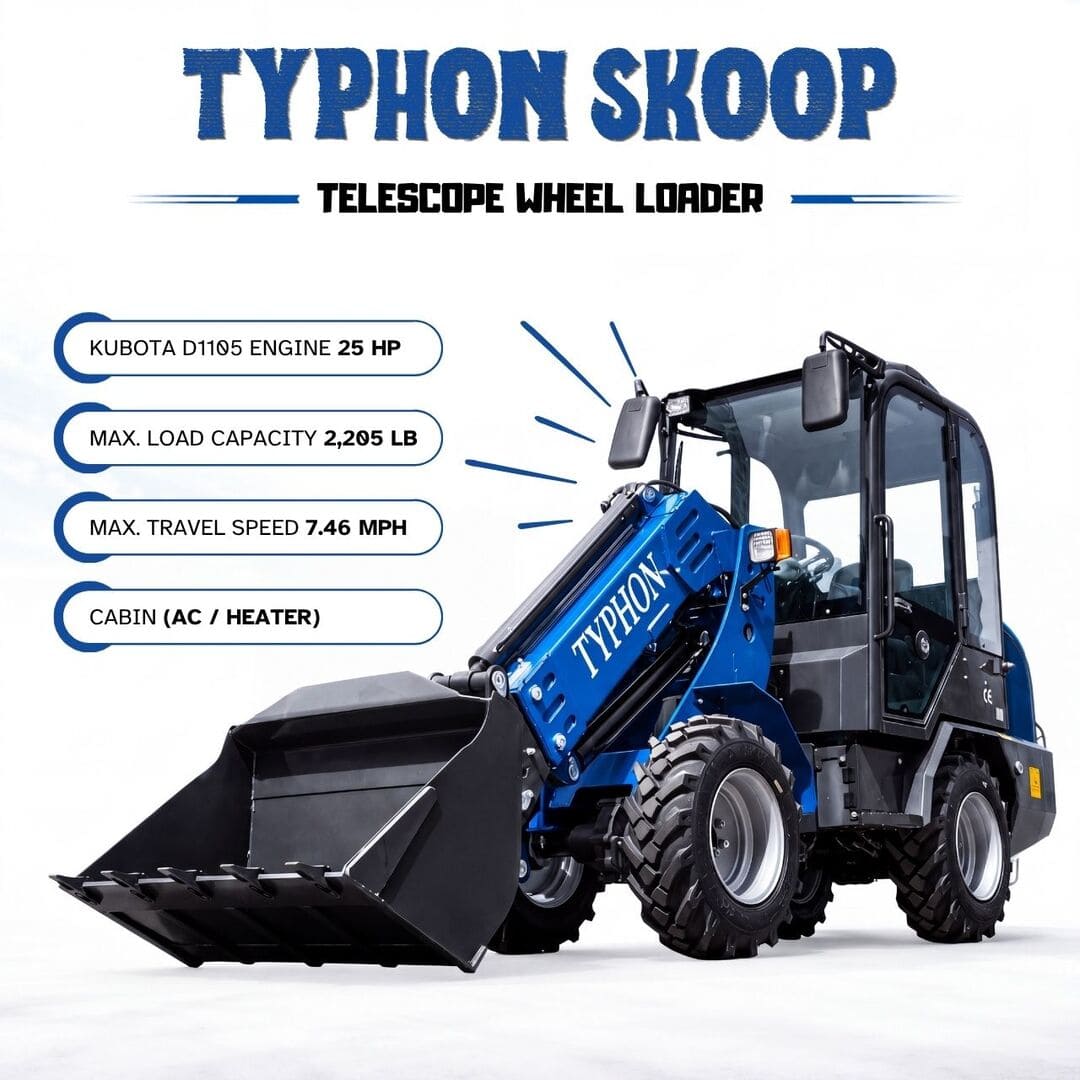 Top Compact & Mini Excavator Diggers- TYPHON Machinery TYPHON Telescopic SKOOP Wheel Loader Cabin Version Kubota D1105 Diesel Engine 1 Ton Max Load Capacity AC & Heater Cabin - Image 8