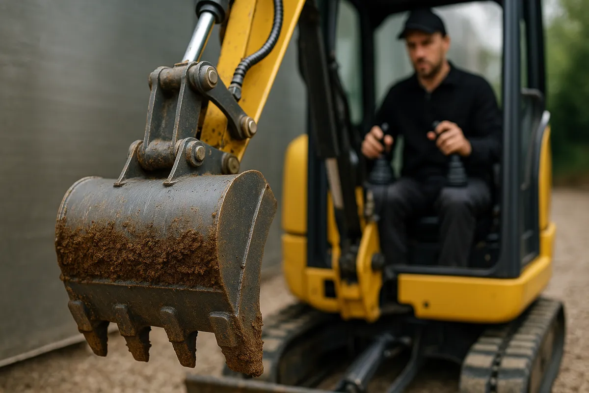 A close-up of a mini excavator's bucket with dirt, as an operator inspects the controls on a gravel site.