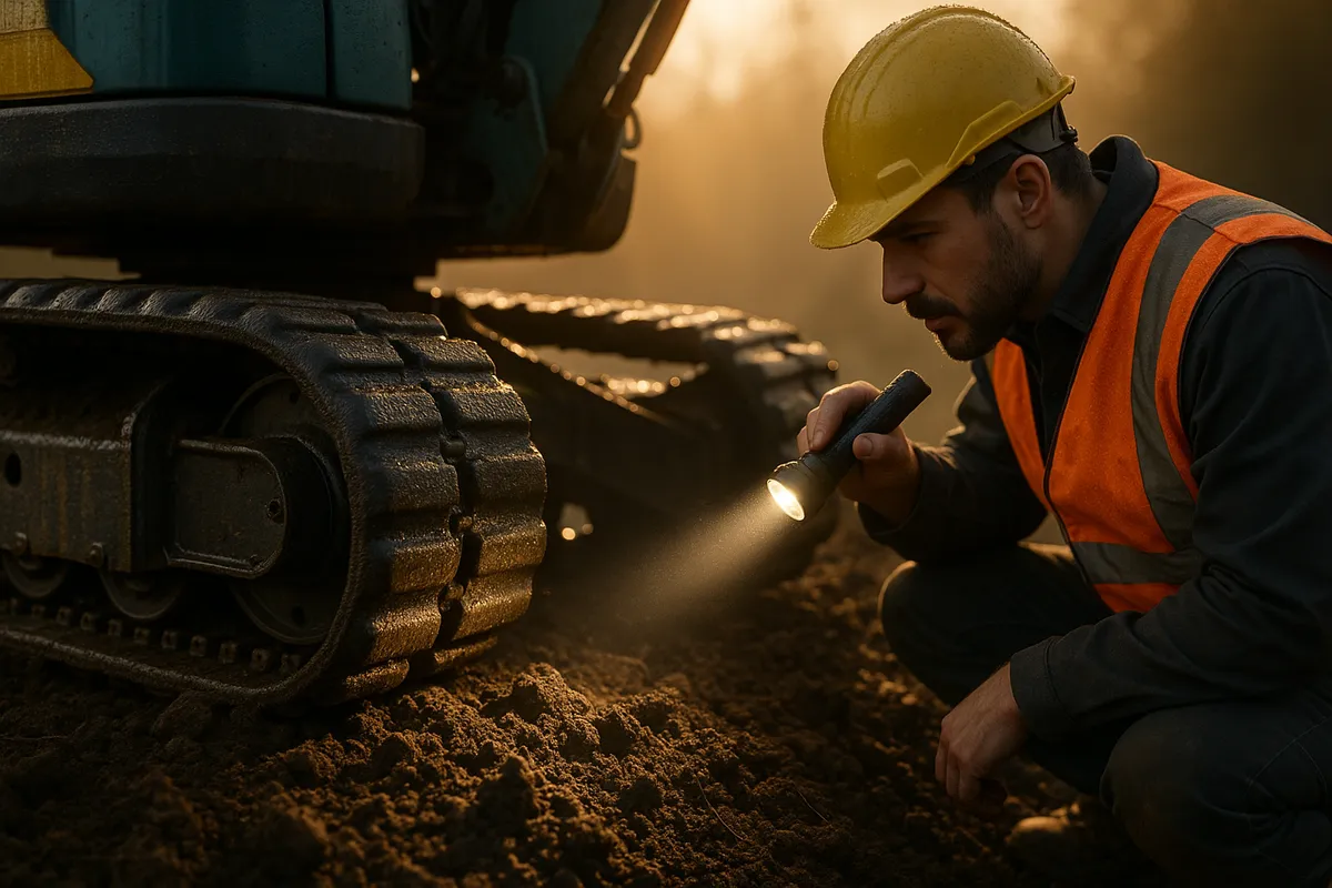A construction worker inspects a mini excavator's tracked undercarriage in morning light, emphasizing quality.