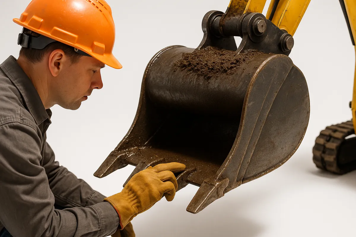 Top Compact & Mini Excavator Diggers- TYPHON Machinery A close-up of a mini excavator bucket with soil, as a person inspects its sharp teeth for quality.