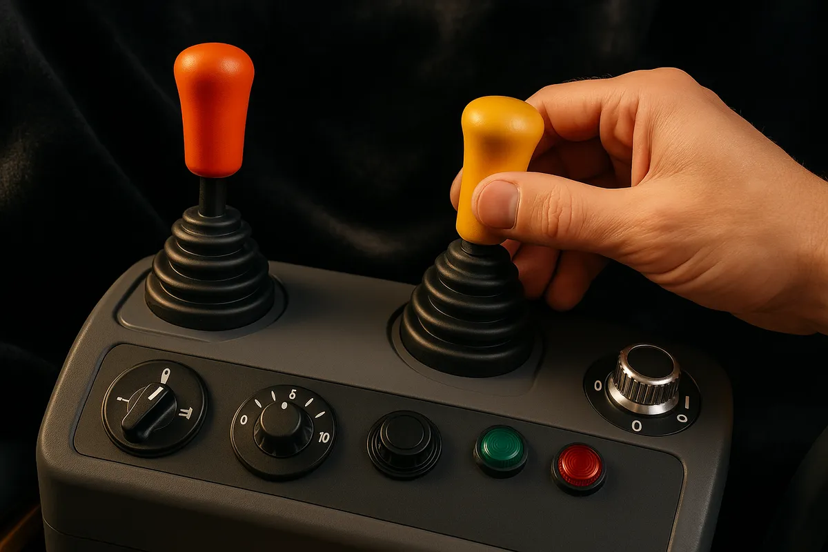Top Compact & Mini Excavator Diggers- TYPHON Machinery Close-up of a mini excavator's control panel with vibrant joysticks and dials, highlighting precision in operation.