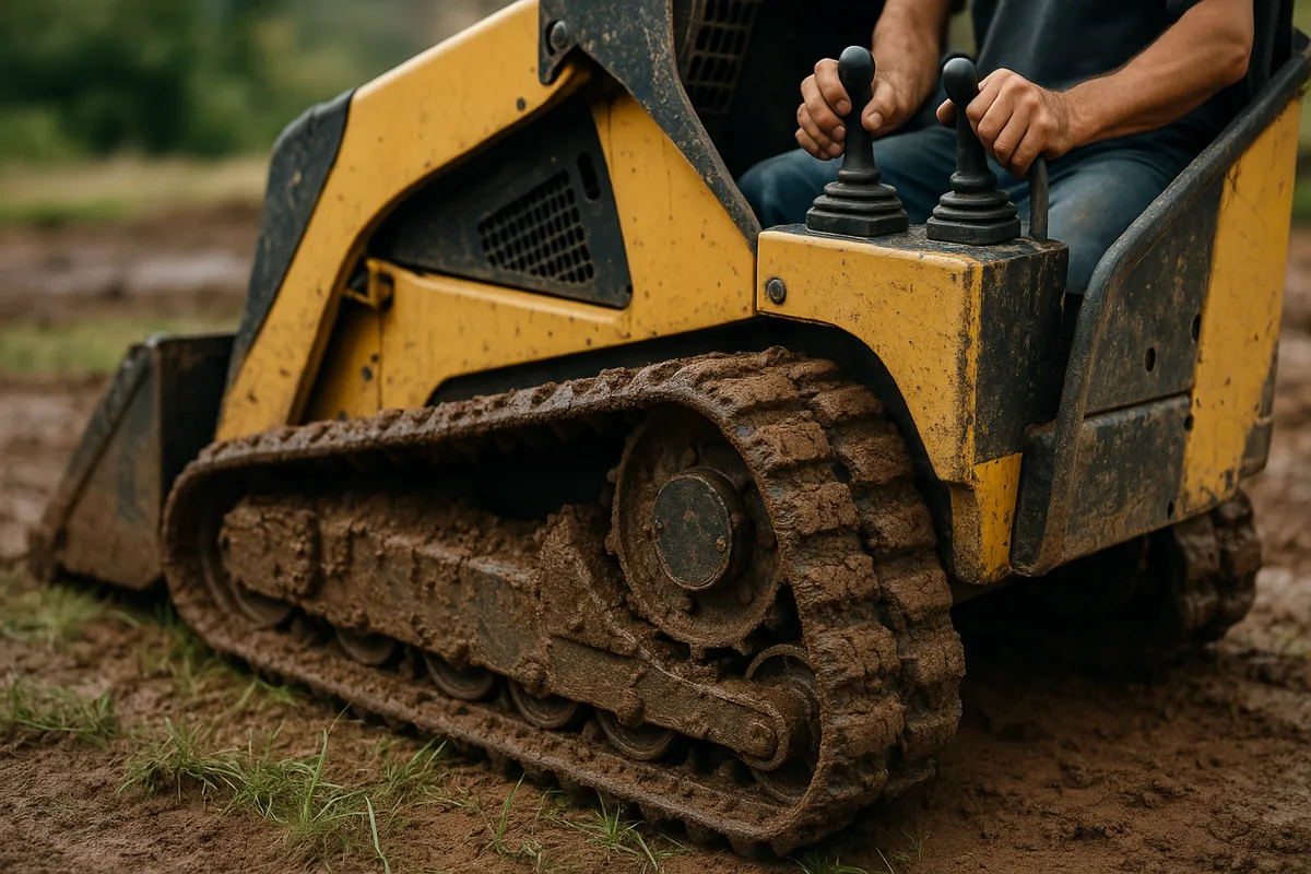 Top Compact & Mini Excavator Diggers- TYPHON Machinery Close-up of a mini skid steer loader's muddy tracks and operator's hands adjusting controls at a construction site.