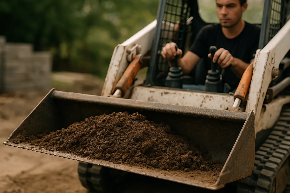 Top Compact & Mini Excavator Diggers- TYPHON Machinery A mini skid steer loader's bucket filled with soil as an operator adjusts the controls, showcasing its efficiency.