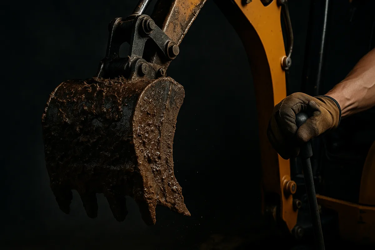 Top Compact & Mini Excavator Diggers- TYPHON Machinery Close-up of a mini excavator's muddy bucket and a skilled operator's hand on the control lever.