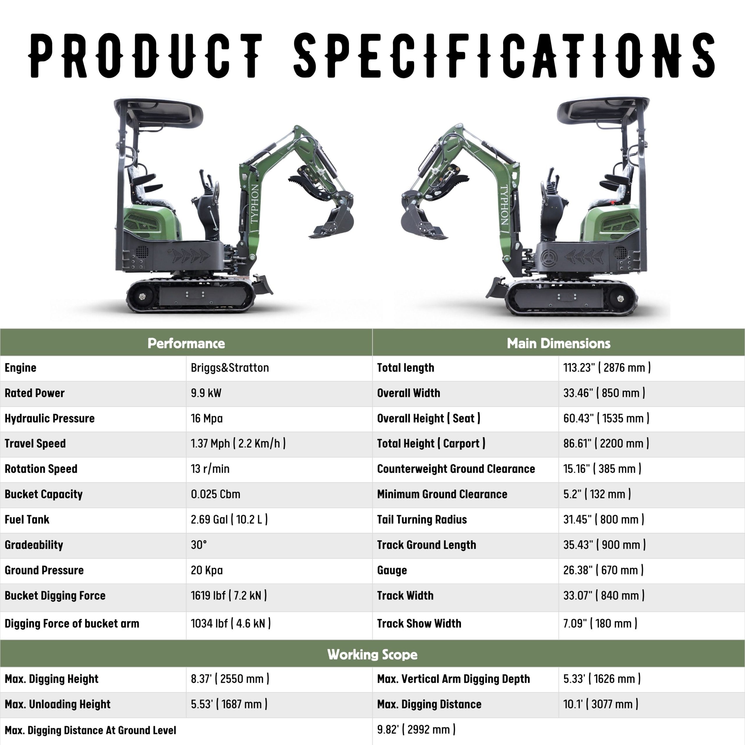 Top Compact & Mini Excavator Diggers- TYPHON Machinery TYPHON TERROR XI 1.1 Ton Mini Excavator, Briggs & Stratton USA Engine with Hydraulic Oil Cooler, Swing Boom & Double-Sided Throttle Valve - Image 2