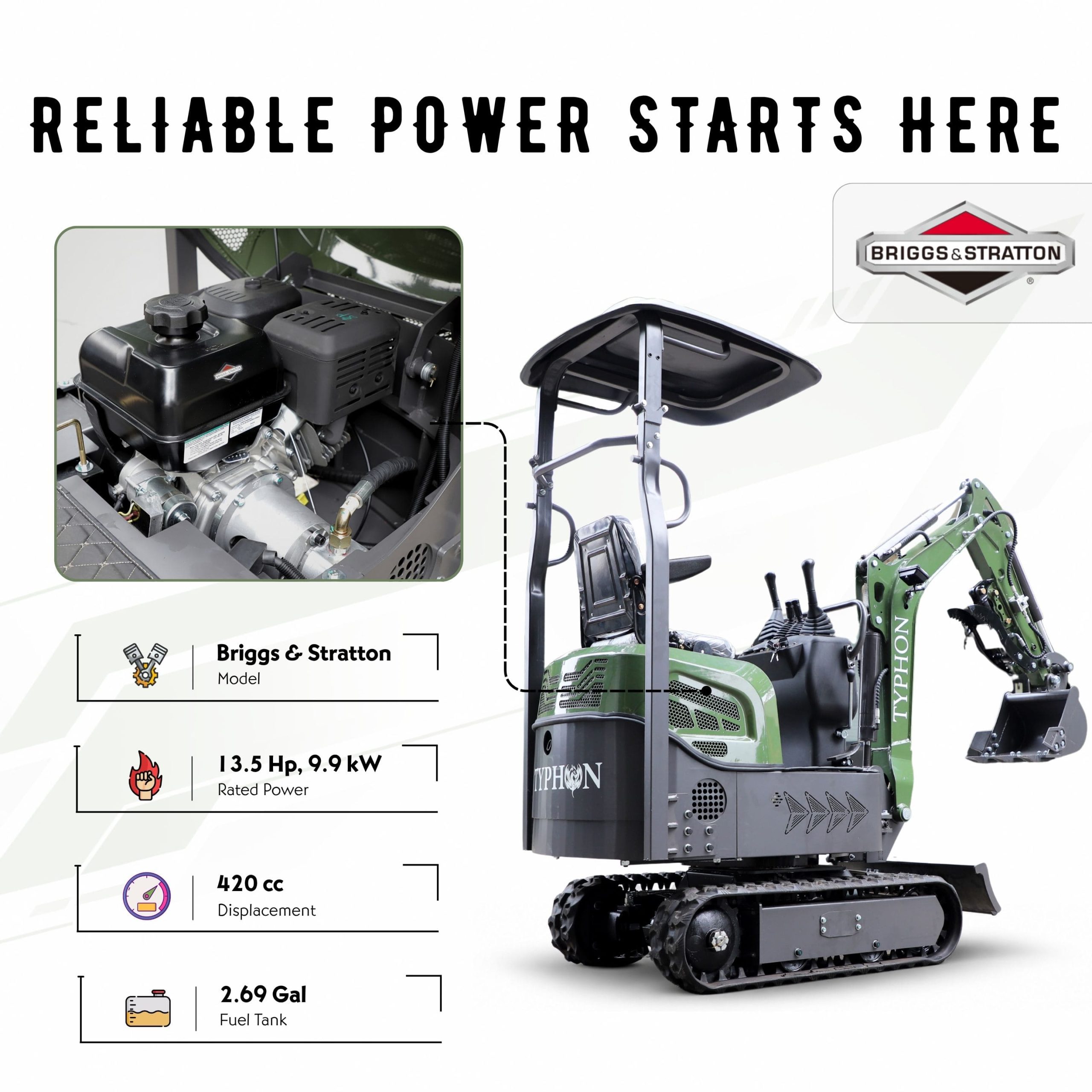 Top Compact & Mini Excavator Diggers- TYPHON Machinery TYPHON TERROR XI 1.1 Ton Mini Excavator, Briggs & Stratton USA Engine with Hydraulic Oil Cooler, Swing Boom & Double-Sided Throttle Valve - Image 3