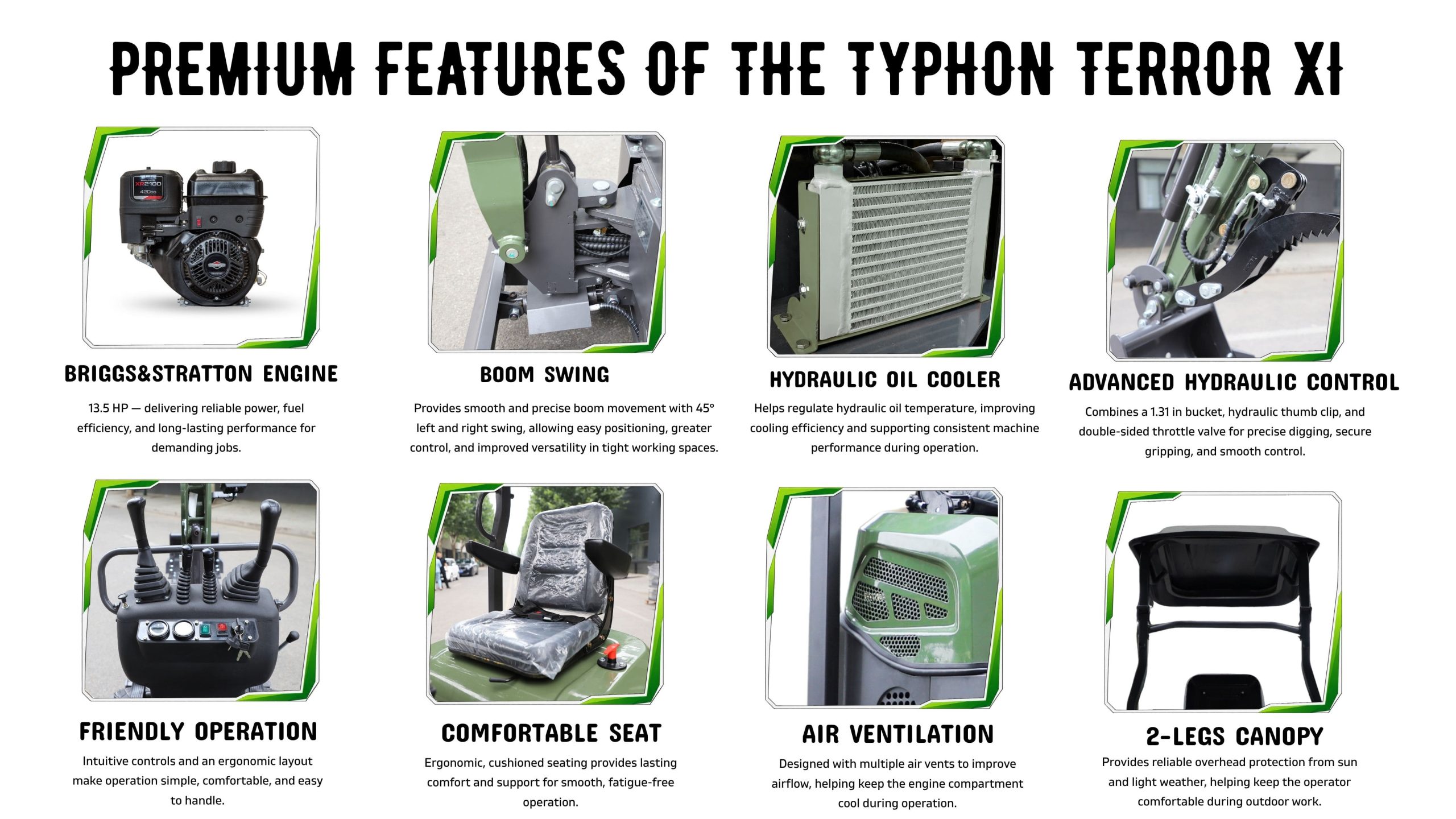 Top Compact & Mini Excavator Diggers- TYPHON Machinery TYPHON TERROR XI 1.1 Ton Mini Excavator, Briggs & Stratton USA Engine with Hydraulic Oil Cooler, Swing Boom & Double-Sided Throttle Valve - Image 7